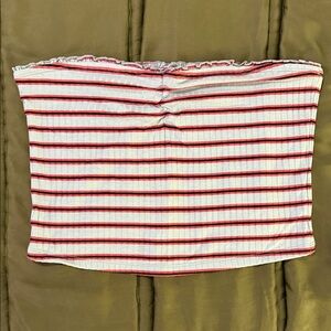 Abercrombie & Fitch White Ribbed Strapless Crop Top with Red Stripes